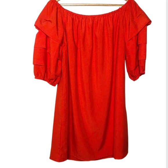 Elodie Red Bell Ruffle Puff Sleeve Elastic Neckline Mini Red Summer Formal Dress - Picture 12 of 16